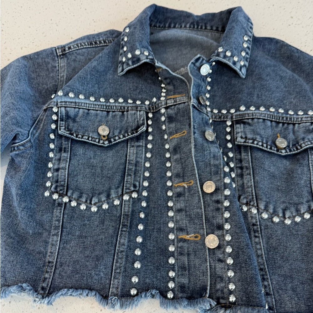 Y2K Hengsheng Jeans Denim Jacket Studded Blue Medium Oversized Retro Style short